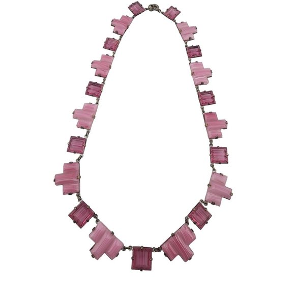 Antique Super Rare Opaque Striated & Clear Art Deco Vauxhall Necklace (A3270) - Picture 2 of 8